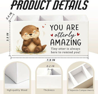 Positive Otter Pen Pencil Holder Desk Accessories Gifts for Women | Cute Otter Inspirational Pen Pencil Wooden Organizer Office Accessories Decorations for Dorm Room Bedroom Tabletop Desk Decor