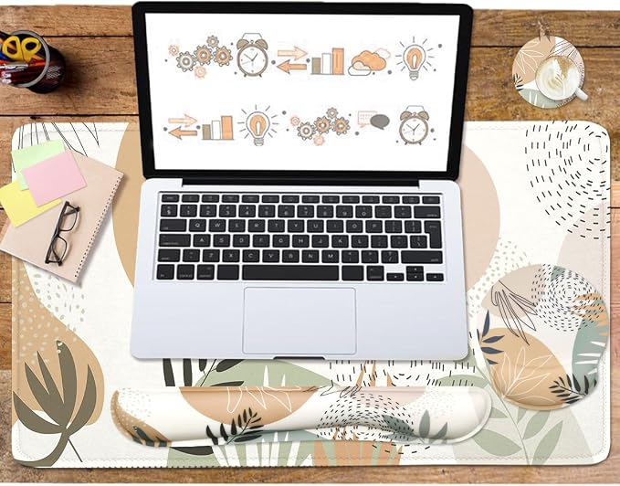 4-in-1 Gaming Mouse Pad Wrist Support Set，Desk Pad + Mouse Pad with Wrist Rest + Keyboard Wrist Rest + Coaster, Ergonomic Design for Home Office Study Game - Plant