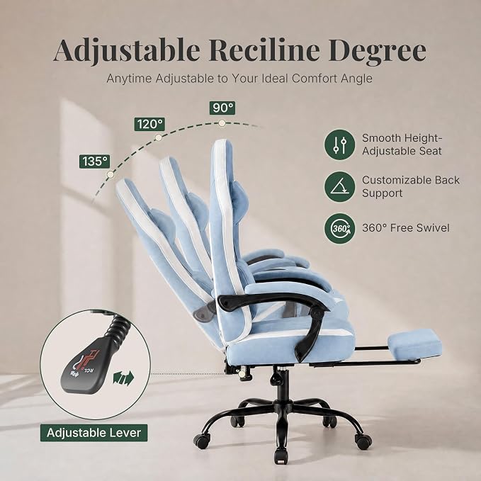 Computer Gaming Chair - High Back Ergonomic Desk Chair with Footrest and Lumbar Support, Height Adjustable Task Chair with Linkage Armrests and Headrest, 360° Swivel Wheels, Blue