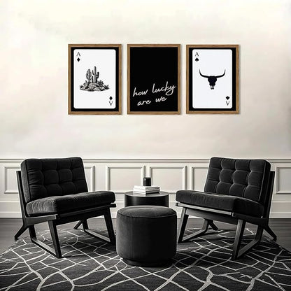 Western Wall Art Set of 3, Southwestern Cowboy Playing Card Wall Decor, Longhorn Bull Skull and How Lucky are We Poster Canvas Painting Prints for Bedroom Living Room 16x24 inch Wood Framed