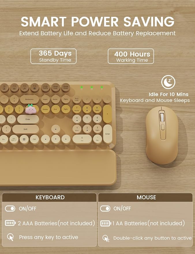 Wireless Keyboard and Mouse Combo, Typewriter Keyboard with Detachable Wrist Rest, Full-Size Retro Round Keycaps, Smart-Sleep, 2.4GHz Stable Connection for Mac/Windows/PC, Trueque (Ombre Latte Beige)