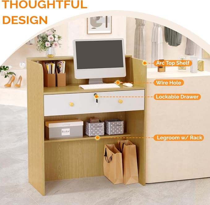 OmySalon Reception Desk with Counter, Small Front Desk w/Lockable Drawer, Wooden Modern Reception Table for Salon Lobby Office Home (Original Wood, 32)