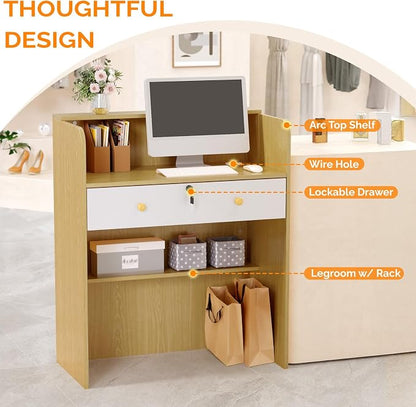 OmySalon Reception Desk with Counter, Small Front Desk w/Lockable Drawer, Wooden Modern Reception Table for Salon Lobby Office Home (Original Wood, 32)