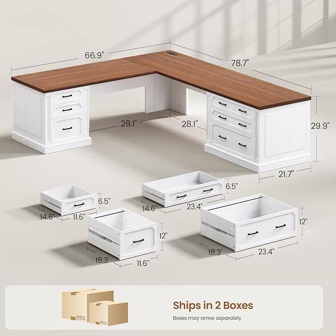 SEDETA Farmhouse 78.8" L Shaped Desk with 6 Drawers, Home Office Desk with Power Outlet, File Cabinet Storage, Wood Corner Computer Desk for Work and Study, White+Brown
