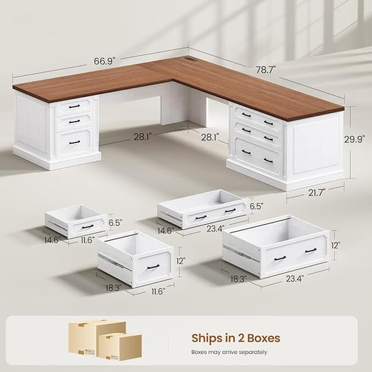 SEDETA Farmhouse 78.8" L Shaped Desk with 6 Drawers, Home Office Desk with Power Outlet, File Cabinet Storage, Wood Corner Computer Desk for Work and Study, White+Brown