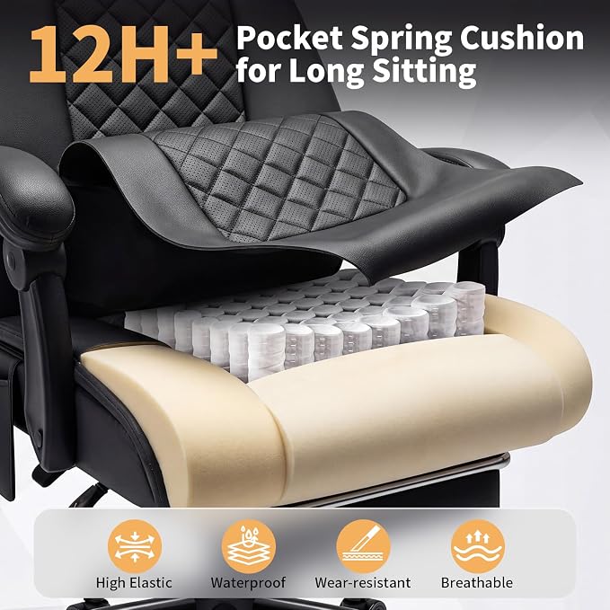 HOFFREE 8-Point Vibration & Heat Massage Office Chair with Footrest,Black | Massage Desk Chair for Heavy People 500lbs Big and Tall Office Chair with Adjustable Headrest and Linkage Armrests,Leather