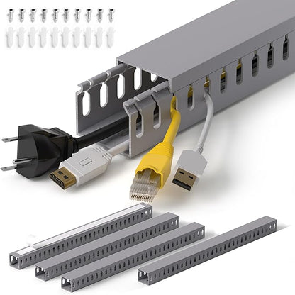 ZhiYo H1.4 W1.6 in Server Rack Cable Management Raceway, 66in (4X L16.5in) Cable Raceway Kit, Electrically Safe PVC Open Slot Wire Cord Hider for Under Desk/Computer/Network Cords, Gray