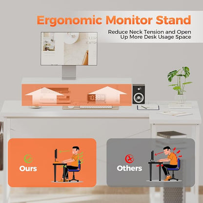 Mericonia Small L Shaped Computer Desk with Power Outlets, Reversible Gaming Desk with Storage Shelves & Monitor Stand, Corner Gamer Desk Table, Study Writing Table
