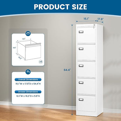 PEUKC 5-Drawer File Cabinet, 16.3" Deep Vertical Metal Filing Cabinet with Lock for Home Office, Anti-Tip 5 Storage Drawers for Letter/Legal/A4/F4 Size (Assemble Required, White)