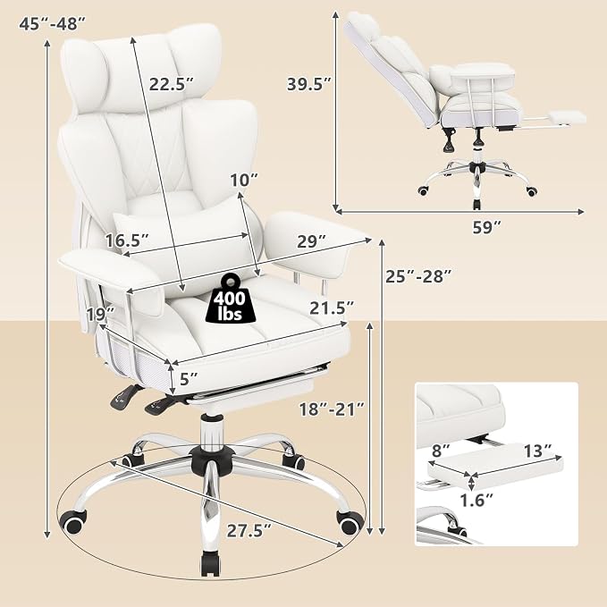COSTWAY 400 LBS Big and Tall Office Chair, PU Leather Executive Desk Chair w/Retractable Footrest, Reclining Function, Lumbar Support, Ergonomic High Back Home Computer Task Chair, White