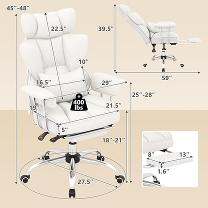 COSTWAY 400 LBS Big and Tall Office Chair, PU Leather Executive Desk Chair w/Retractable Footrest, Reclining Function, Lumbar Support, Ergonomic High Back Home Computer Task Chair, White