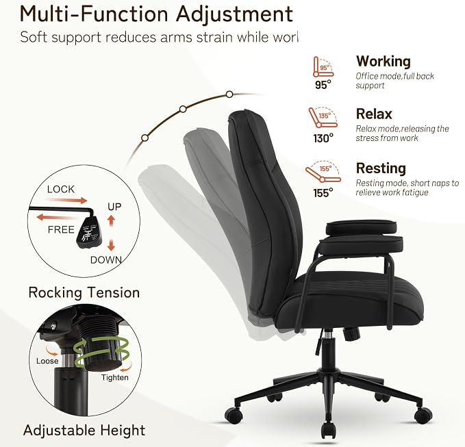 Furniliving Leather Office Chair, Comfy Home Office Desk Chair, Mid Century Modern Office Chair with Lumbar Support, Mid-Back Adjustable Swivel Computer Chair with Wheels and Arms, Black