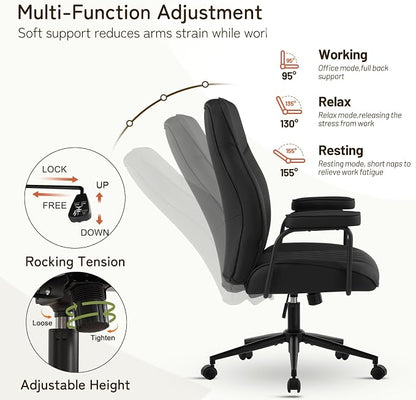 Furniliving Leather Office Chair, Comfy Home Office Desk Chair, Mid Century Modern Office Chair with Lumbar Support, Mid-Back Adjustable Swivel Computer Chair with Wheels and Arms, Black