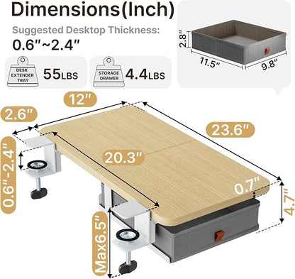 PEGZONE Desk Extender Tray, 24" x 12", with Storage Drawer, Medium, Wood | Desk Extension, Clamp on Desk Shelf, Clamp On Keyboard Tray for Office and Home, Workstation Organizer