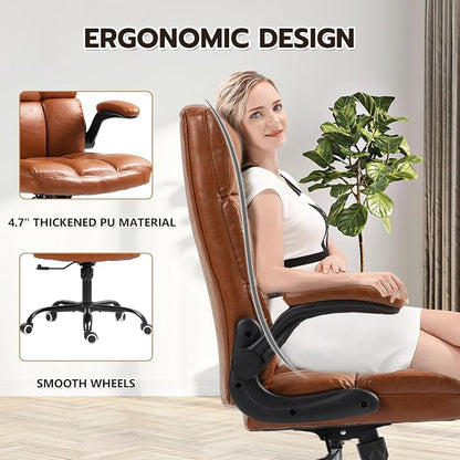ECOTOUGE Executive Office Chair, PU Leather Ergonomic Comfy Desk Chair, High Back Computer Chair with Adjustable Tilt Angle and Flip-up Arms (Without Footrest Brown)