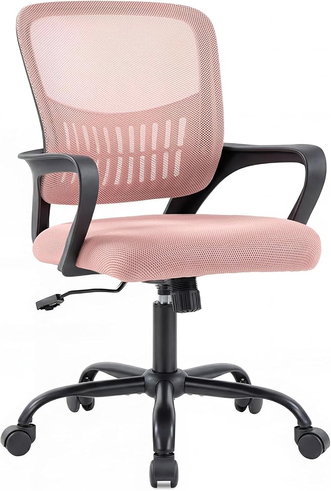 DUMOS Home Office Computer Chair - Ergonomic Mid Back Desk with Lumbar Support and Rocking Mode, Height Adjustable with Fixed Armrest, for Conference Meeting Room, 360° Swivel, Adults, Pink