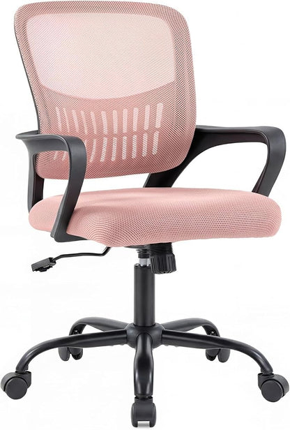 DUMOS Home Office Computer Chair - Ergonomic Mid Back Desk with Lumbar Support and Rocking Mode, Height Adjustable with Fixed Armrest, for Conference Meeting Room, 360° Swivel, Adults, Pink