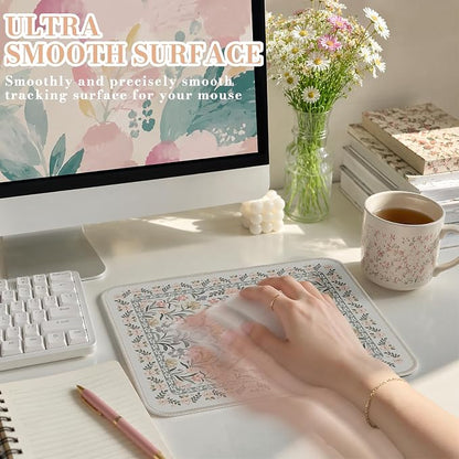 iCasso Aesthetic Small Floral Mouse Pad, Mini Portable Travel Mousepad, Anti-Slip and Comfortable Cloth Mouse Mat 7.9"x9.5" with Stitched Edges for Computer, Laptop, Office, Home(Gray Floral)