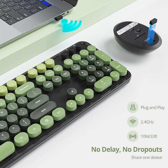 Wireless Keyboard and Mouse Set, Retro Typewriter, 2.4GHz Full Size 104-Key Cute Keyboard with Number Pad, Colorful with Round Keycaps for Windows PC Laptop(Dark Green)