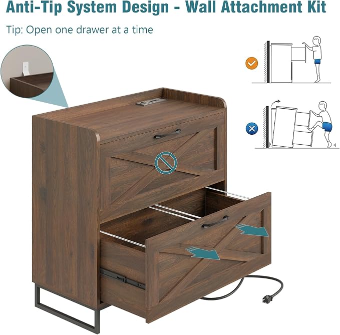 Vabches Lateral File Cabinet 2 Drawer File Cabinet with Charging Station, Modern Farmhouse Large Wood File Storage Cabinet for Home Office Furniture(Dark Walnut)