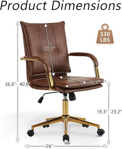 MOJAY Mid-Back Ergonomic Leather Office Desk Chair, Modern Upholstered Computer Chair, Executive Office Chair with Arms, Swivel Adjustable Rolling Chair with Gold Base (Brown)
