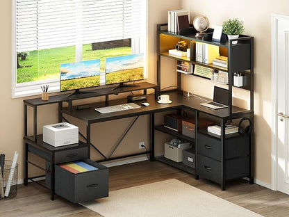 RALGEND 75" L Shaped Gaming Desk with Drawers, Computer Corner Desk with Storage Shelves for Home Office, Gaming Desk with Monitor Stand, Hutch, LED Light & Power Outlet, Black