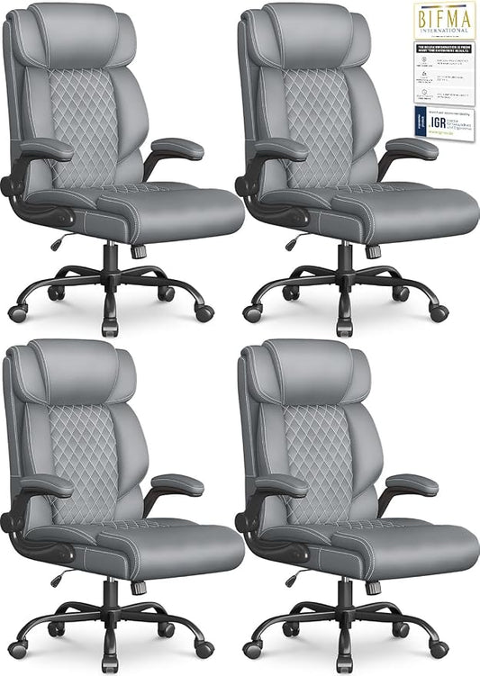 Office Chair-Executive High Back Breathable Big and Tall Office Chair Flip-up Armrests Lumbar Support-Ergonomic Leather Rolling Swivel Chair with Rock Function for Working Studying Gaming,4 Pack