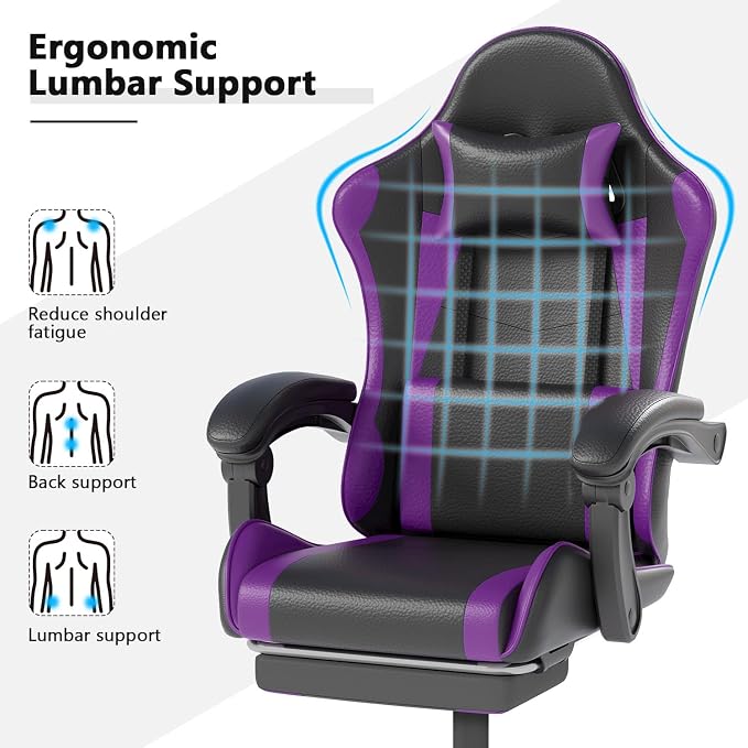 OS MOTOR Gaming Chair with Headrest and Lumbar Support, Ergonomic High Back Office Chair, Racing Style Executive Computer Desk Chair, Leather Adjustable Swivel Task Chair for Home Office (Purple)