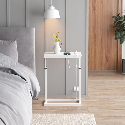 TUTOTAK End Table with Charging Station, Side Table, Tall Couch Table, Sofa Table, Living Room, Bedroom,White TB01BW084