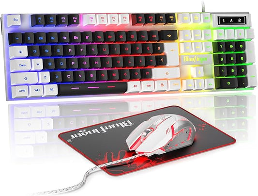 BlueFinger RGB Gaming Keyboard and Backlit Mouse Combo, USB Wired, LED Gaming Set for Laptop PC Computer Game and Work (White & Black)