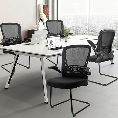 CLATINA Office Guest Chair no Wheels with Lumbar Support and Flip-up Armrest Mid Back Mesh Space Air Grid Series Sled Base for Reception Conference Room Black Set of 2