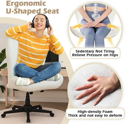 ZZW Criss Cross Chair with Wheels, Wide Cross Legged Office Chair Armless Comfy Desk Chair with Tall Back Vanity Chairs with Stress Relief Curved Design Seat for Bedroom & Office & Home Ivory White
