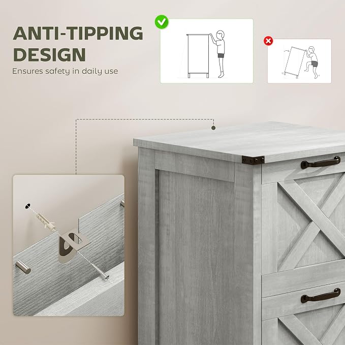 HOMCOM 2 Drawer Vertical File Cabinet with Silent Slides, Rustic Farmhouse Filing Cabinet with Barn Doors for A4/Letter Size, Printer Stand with Storage for Home Office, Distressed Light Gray