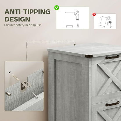 HOMCOM 2 Drawer Vertical File Cabinet with Silent Slides, Rustic Farmhouse Filing Cabinet with Barn Doors for A4/Letter Size, Printer Stand with Storage for Home Office, Distressed Light Gray