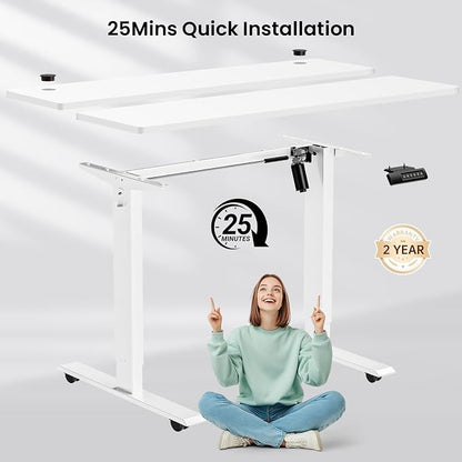 farexon Electric Standing Desk Adjustable Height, 48x24 Inches Stand Up Desk with 4 Preset Heights, Lockable Casters, Double Hooks,27''-46'' Lifting Range Home Office Computer Desk（White）