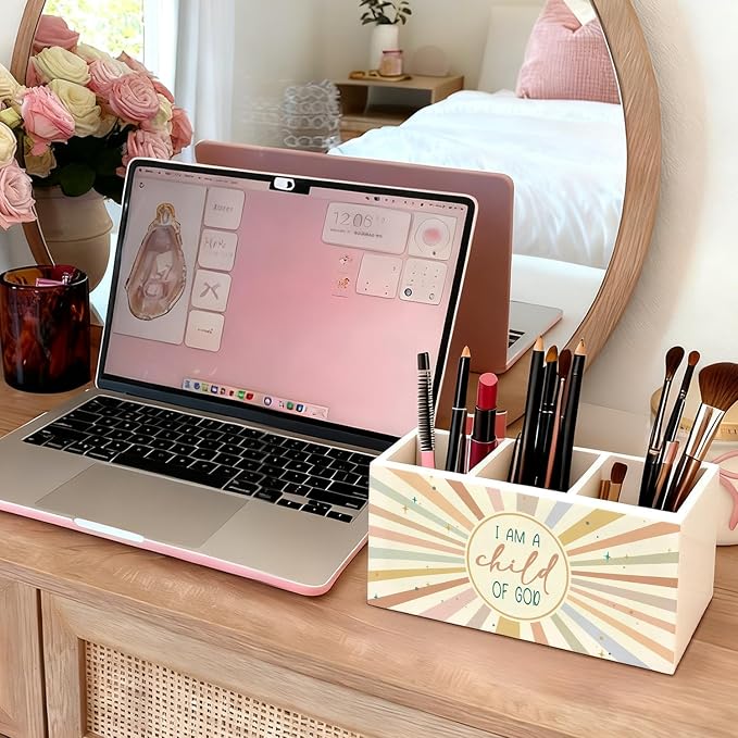 Boho Sunshine Christian Pen Holder, Christian Gifts Pencil Holder for Desk, I Am a Child of God Bible Verse Wooden Box Sign Decorations for Kids Nursery Room Bedroom Classroom Desk Tabletop