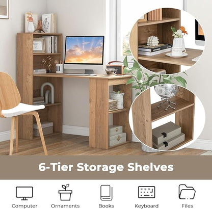 LDAILY Computer Desk with Bookshelf, 48” Modern Office Desk w/ 6-Tier Storage Shelves, CPU Stand, Wider Base, 3-in-1 Reversible Study Table, Writing Desk for Home Office, Bedroom, Study Room (Natural)
