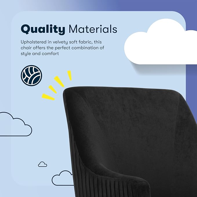 Serta Scarlett Modern Office Chair, Pleated and Curved Mid-Back Desk Chair, Pocket Coil Seat Cushion, Padded Armrests, Vanity Armchair with Wheels, Swivel Chrome Base, Black Velvet Fabric