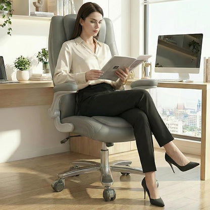 GYI High Back Executive Office Desk Chair, Leather Computer Chair, Grey | 2.6"Rubber Wheels, Flip-up Arms, Heavy Duty Base, Thick Padded Seat, Lumbar Support, Home, Conference Rooms, Reception Areas