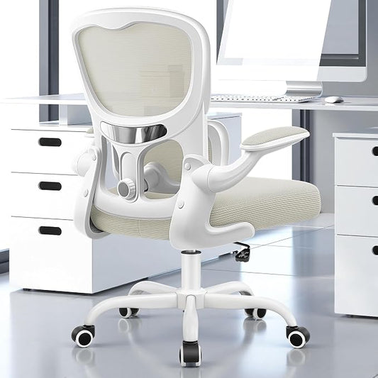 ALLGOD Ergonomic Office Chair, Breathable Mesh Ergonomic Desk Chair with Adjustable Lumbar Support, Flip-up Armrests, Computer Chairs Comfortable for Home, Office, Work, 300lbs, White, Upgrade