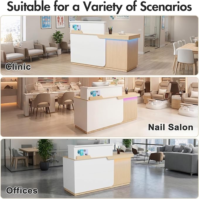 Kikihouse Modern Reception Desk with LED, 63” Fluted Front Desk with Lockable Drawer, Cabinet and Sliding Tray, Large Reception Counter Table for Office Lobby Nail Salon Clinic (Maple)