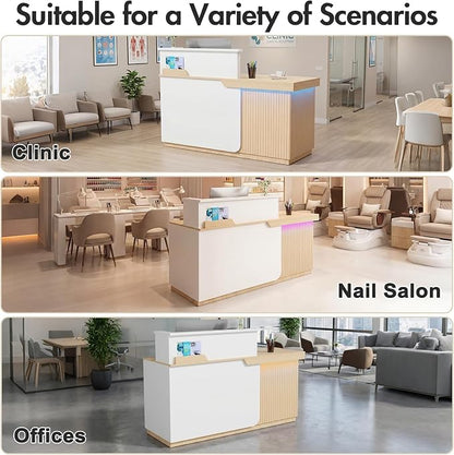 Kikihouse Modern Reception Desk with LED, 63” Fluted Front Desk with Lockable Drawer, Cabinet and Sliding Tray, Large Reception Counter Table for Office Lobby Nail Salon Clinic (Maple)
