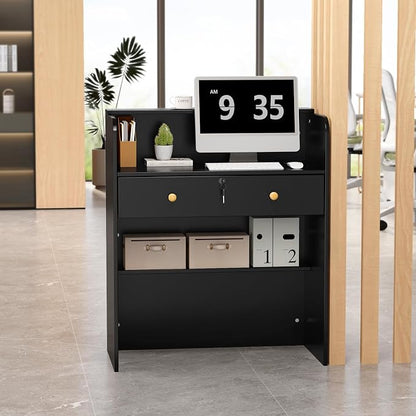 OmySalon Reception Desk with Counter, Small Front Checkout Desk w/Lockable Drawer, Wooden Modern Reception Table for Salon Lobby Office Home (Black, 32)