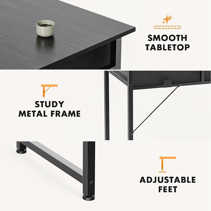 Sweetcrispy 32 Inch Small Computer Desk with Fabric Drawers for Bedroom Home Office, Writing Gaming Desks Study PC Table with Side Bag and Headphone Hook, Black