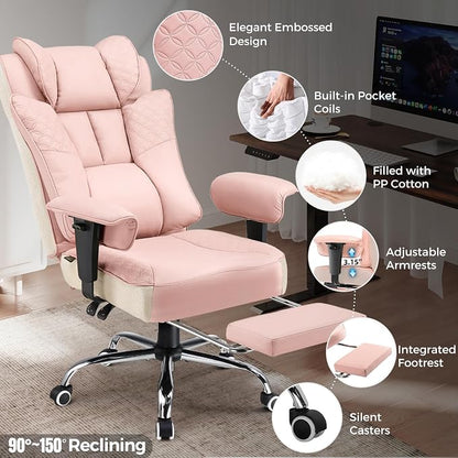 GTPLAYER Big and Tall Office Chair, Wide Ergonomic Gaming Chair with Deluxe Embossing Designed Leather with Foot Rest,150°Reclining Adjustable Soft Armrests Pocket Spring Back Support and Pillow