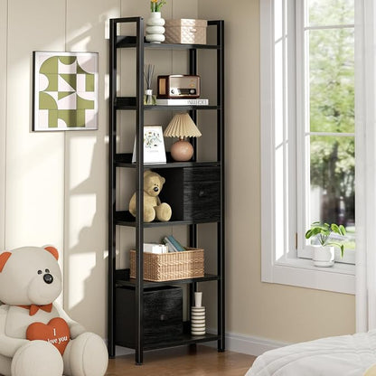 Furologee 6-Tier Bookshelf, Tall Bookcase with 2 Drawers Storage Organizer, Industrial Display Free Standing Shelf Units, Wood and Metal Storage Rack for Home Office, Bedroom, Black Oak