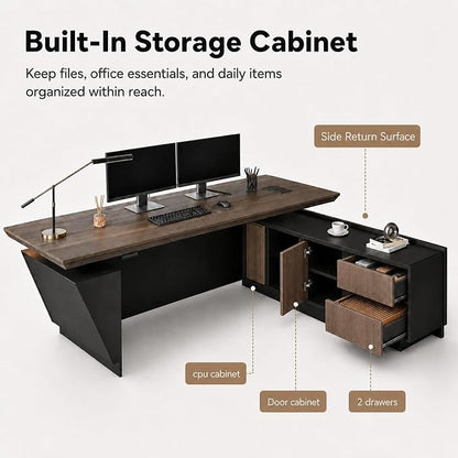 SAINTCY 86.61 in Adjustable Executive Desk - Luxury L Shaped Desk with Drawers, Large Table with File Cabinets, Executive Office Desks with LED Light Strip Home Office Desk for Professionals