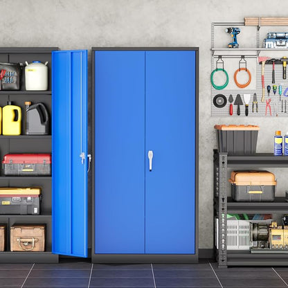 INTERGREAT Metal Garage Storage Cabinet with Lock, 72" Storage Cabinet with Locking Doors and 4 Adjustable Shelves, Lockable Steel Tool Cabinet for Home Office, School, Black Blue