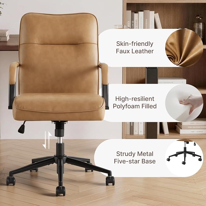 KISLOT Ergonomic Home Office Chair with Lumbar Support, Adjustable Swivel Modern Desk Chair with Wheels, Faux Leather Computer Chair with Padded Arms, Comfy Executive Office Chair, Camel Brown