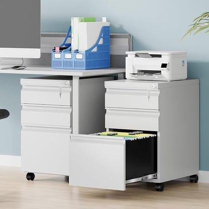 3 Drawer File Cabinet, Fully Assembled Mobile File Cabinets with Lock for Home Office, Metal Rolling Filing Caninet on Wheels, Three Drawer Under Desk Cabnet for Letter/Legal / A4 - White